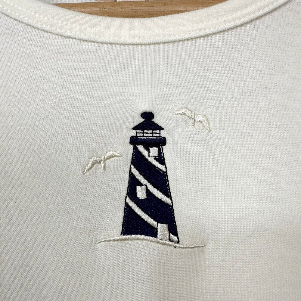 Vintage Cardigan Top Set Womens Size L Navy Blue Nautical Lighthouse Timberlea - Picture 14 of 15